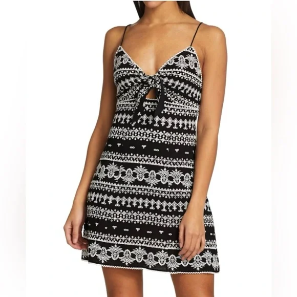 Alice & Olivia Roe Embroidered Fit Flare Mini Dress Tie Front Detail SZ 6 EUC - Picture 1 of 11